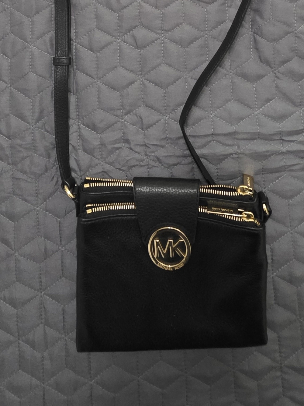 Michael Kors Black Leather Crossbody with Gold MK Logo